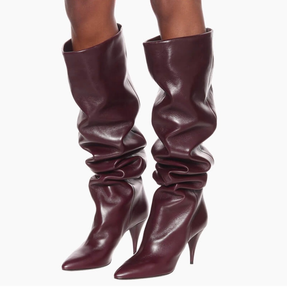 Leather point toe fold high heel knee high boots